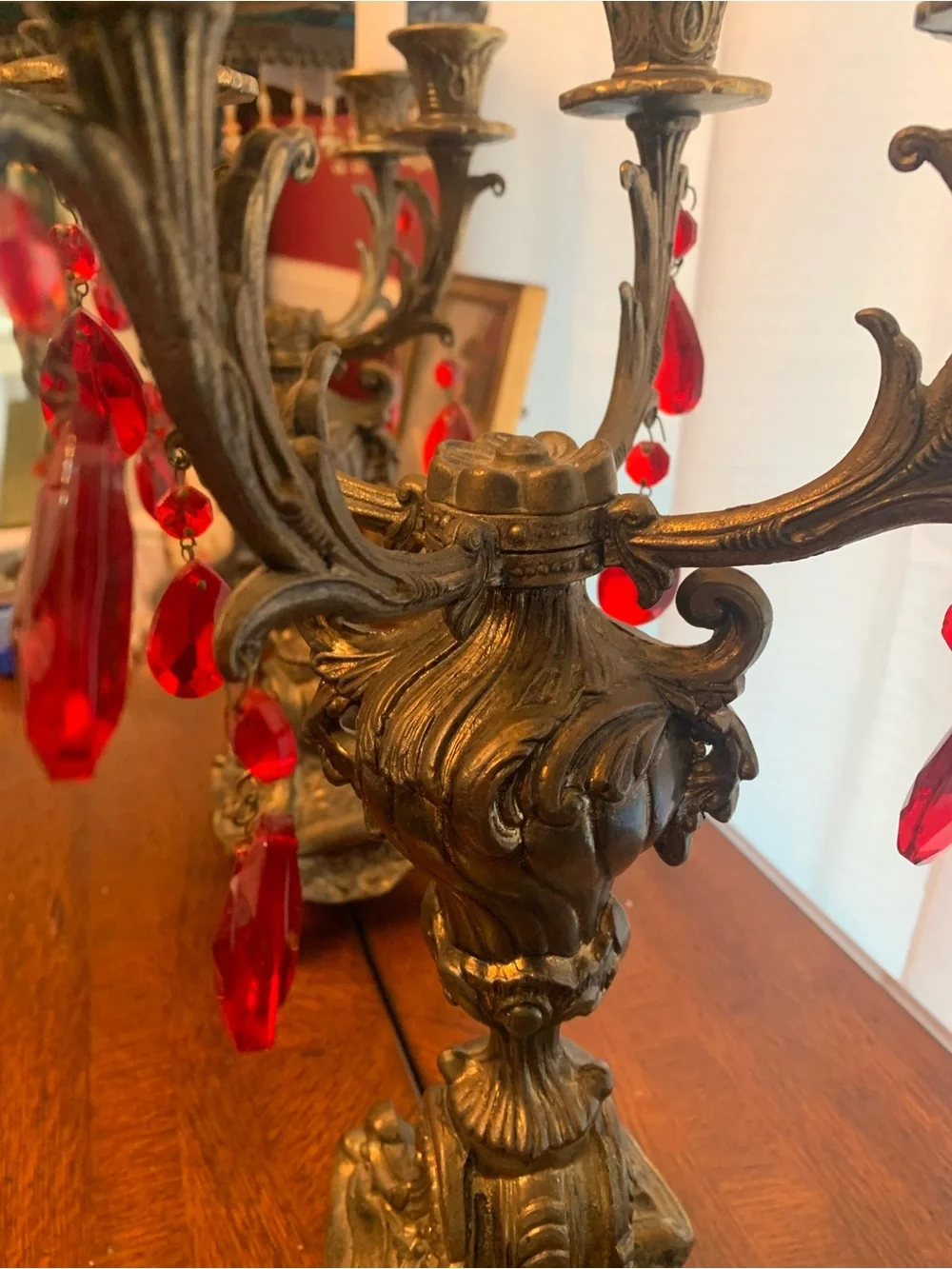 Antique-Style Ornate Brass Candelabra Pair with Red Crystal Drops